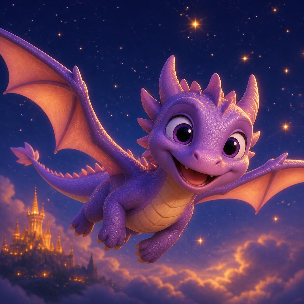 Um filhote de dragão lilás sorridente pronto para guiar a aventura