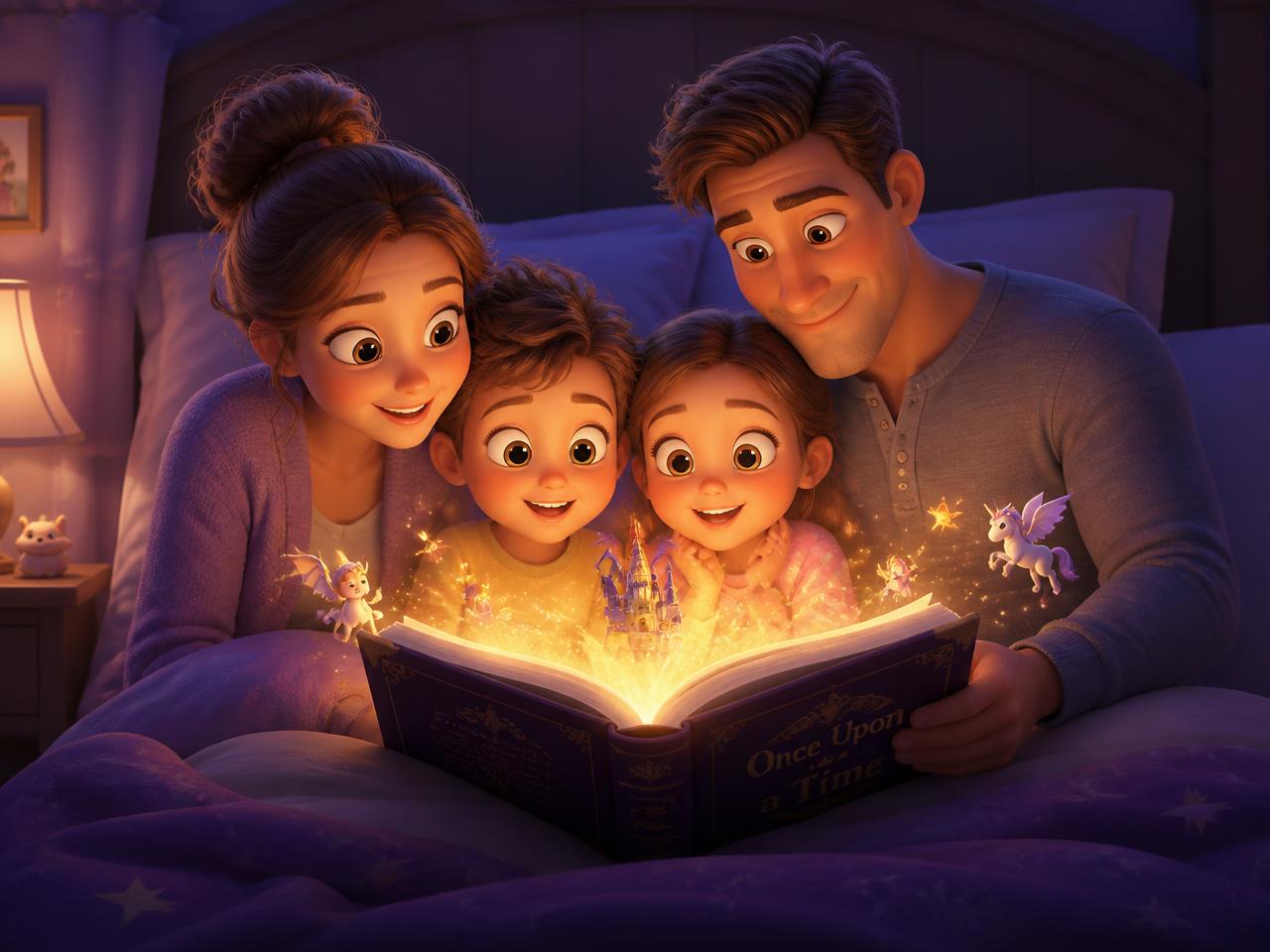 Família lendo um livro mágico brilhante com criaturas de fantasia saindo das páginas