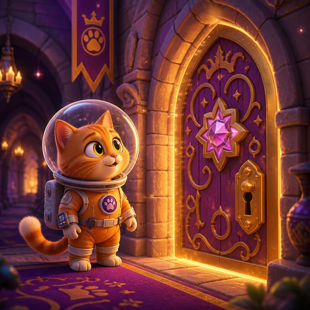 Gatinho astronauta diante de uma porta dourada