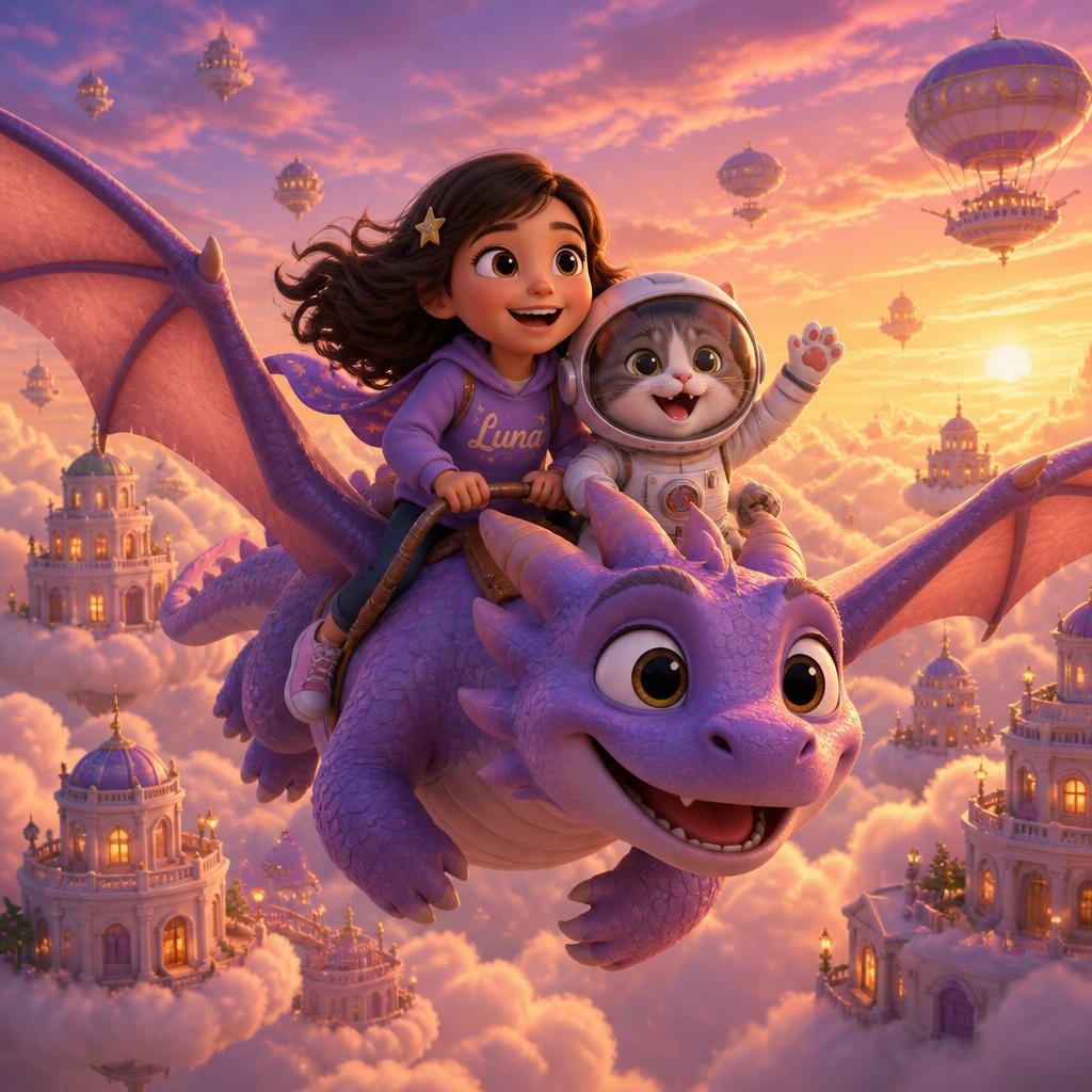 Duas crianças voando num dragão sobre uma cidade de nuvens